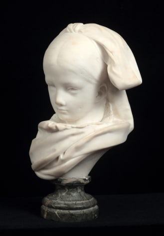 Auguste Rodin, Alsatian Orphan (Orpheline alsacienne, version &agrave; la t&ecirc;te droite), 1870-1871  White marble on green socle  H: 11 in  Signed and dated on the edge of the neck: A.Rodin 1870