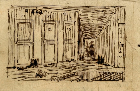 Charles F. Daubigny, Int&eacute;rieur d'une auberge (Le corridor d'une auberge)    Pen and ink on papier calque 5 1/8 x 7 3/4 inches