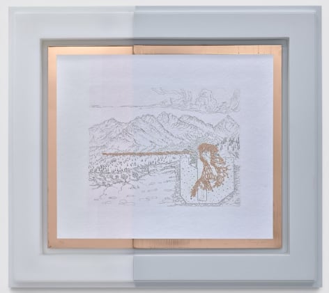 Matthew Barney&nbsp; Embrasure, 2019-2021    Etching in black ink on hand-dyed paper with electro formed copper in high-density polyethylene frame 18 1/2 x 20 1/2 inches&nbsp;    Image courtesy of the artist and Two Palms, NY.