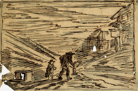 Charles F. Daubigny, La recherche d'une auberge    Pen and ink on papier calque 4 7/16 x 7 1/4 inches