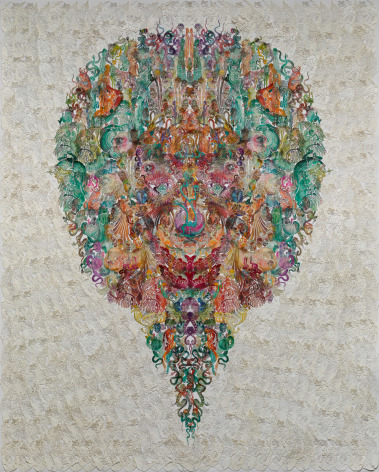 Faces-Oriole&nbsp;黄雀 2014 Hand dyed and waxed paper-cut, cotton thread, paper&nbsp;手工着色和浸蜡镂空剪纸, 棉线, 纸