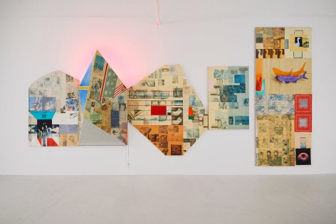 Periwinkle Shaft, 1979-1980, Solvent transfer, acrylic paint, gesso, gel medium, silk and various fabrics, mirrored Plexiglas, wood, plastic, comb, painter&rsquo;s brush, on five shaped wood panels with electric light