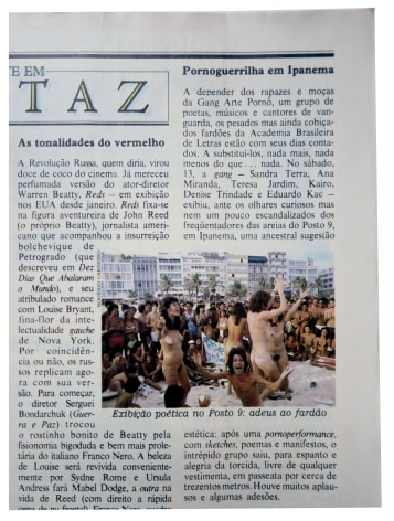 Movimento de Arte Porn&ocirc;  &ldquo;Pornoguerrilha em Ipanema&rdquo; Isto &Eacute;, 24 De Fevereiro De 1982, NO. 270, p 9 magazine, Alternate Projects