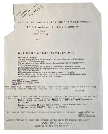 Lawrence Weiner &nbsp; Breached cat. #095 (1970) collection PUBLIC FREEHOLD, Alternate Projects