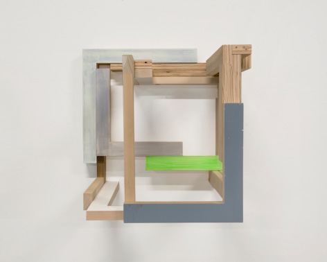 James Woodfill &quot;Training Model: Wall Model #1&quot;, birch plywood, poplar, maple with acrylic and gesso, wall mounted, 15&quot; x 15&quot; x 15&quot;, 2019, an open wooden wall sculpture, with natural wood, light and medium grey, white and green