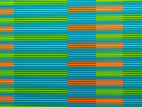 Matthew Kluber - Split Infinitives (blue, yellow, orange), alkyd on aluminum, 30&quot; x 40&quot;, 2019, precisely striped narrow horizontal bands of the colors in the title that start and stop creating the illusion of five variously colored vertical elements
