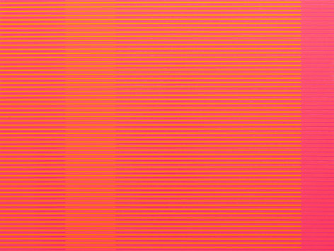 Matthew Kluber - Split Infinitives (pink, yellow, dark-magenta), alkyd on aluminum, 30&quot; x 40&quot;, 2019, precisely striped narrow horizontal bands of the colors in the title that start and stop creating the illusion of four subtly varied colored vertical elements
