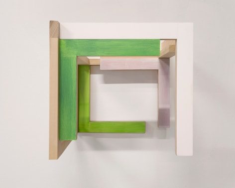 James Woodfill &quot;Training Model: Wall Model #3&quot;, birch plywood, poplar, maple with acrylic and gesso, wall mounted, 15&quot; x 15&quot; x 15&quot;, 2019, an open wooden wall sculpture, open on the bottom with natural, green, green-yellow, white and pinkish-grey