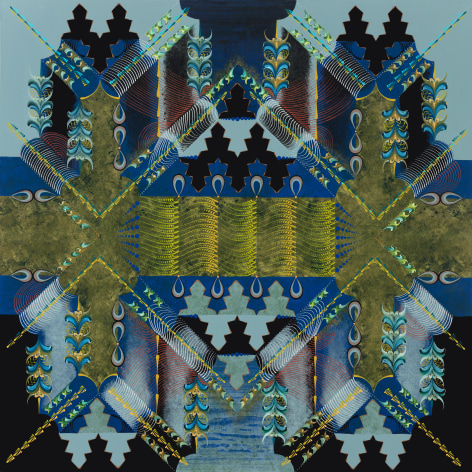 An abstract painting on wood panel with blues, black and gold - an nod to artist Gerhard Richter