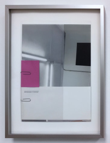 James Woodfill &quot;untitled (Office Work 1)&quot;, mixed media, inkjet print, office supplies, 15&quot; x 12&quot;, 2018, color samples in grey, white and pink, and image of Woodfill fluorescent light sculpture, connected with paper clips (office work!)