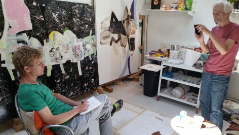 May 31, 2018 studio visit with James Brinsfield (right) and writer James Martin (left).  Two paintings in the background that were selected for the 2018 retrospective at JNG, 2008 and 2011, respectively.