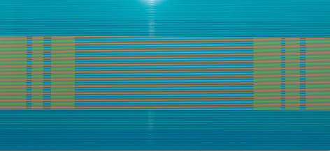 Matthew Kluber, &quot;Parsing the Lingo&quot;, alkyd on aluminum, 32&quot; x 72&quot;, 2016, a precisely striped painting with a turquoise ground, thin greenish-yellow and blue horizontal stripes, and a central section with three vertical elements at each end - not matching, but balanced