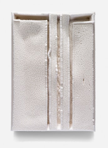 Cary Esser, Parfleche (w3), earthenware and glaze, 16.9&quot; x 11.9&quot; x 2.1&quot;, 2017, rectangular ceramic &quot;parfleche&quot; in a rich warm white, with three strong vertical indentations and a strong horizontal void space at the top