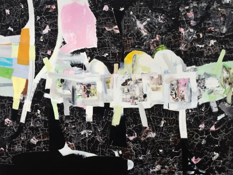 a large abstract James Brinsfield painting, black cracked painted background, a procession of whitish shapes on sticks moving across, and what could be a pink head and black shoes at the back of the procession
