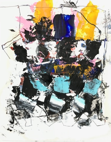 an abstract James Brinsfield painting with a stack of black and aquamarine shapes rising and stopped with larger orange-yellow and deep blue shapes on top