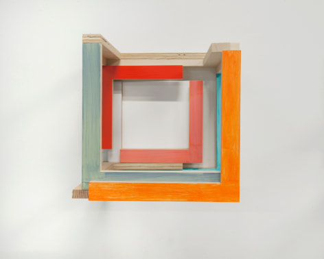 James Woodfill &quot;Training Model: Wall Model #2&quot;, birch plywood, poplar, maple with acrylic and gesso, wall mounted, 15&quot; x 15&quot; x 15&quot;, 2019, an open wooden wall sculpture with natural, orange, blue-grey, blue, red and pink.