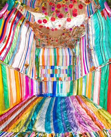 Raissa Venables &quot;Sukkah&quot; large scale photograph of a Bedouin-like tent collaboration piece with Rachel Hayes fabric work - striped and very colorful