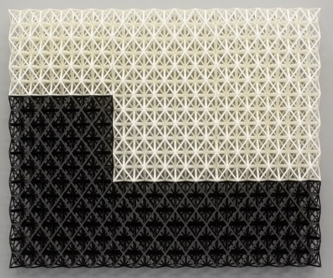 Matthew Kluber Drawing Structure (Carry the Zero), 3D printed Tough PLA (polylactic acid), 17.5 x 21.25 x 3, 2019, a three dimensional grid structure, wall mounted, with black &quot;L&quot; shaped black grid on lower left and bottom, overtopped with a white grid filling the remainder of this rectangular piece.