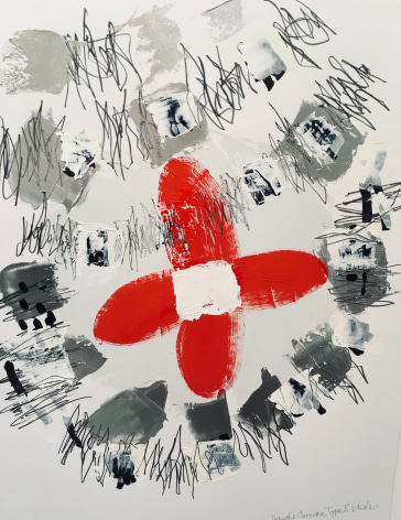 an abstract James Brinsfield painting with a red propeller surrounded by active grey shapes and active drawing with paint