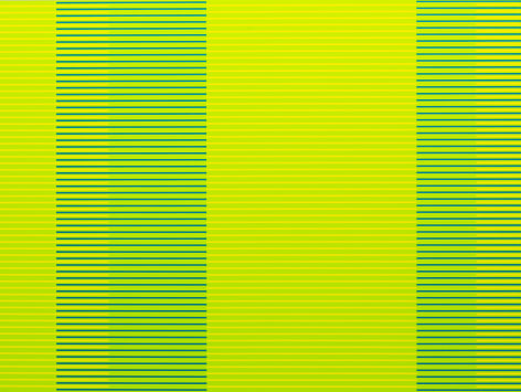 Matthew Kluber - Split Infinitives (green, chartreuse, blue-green), alkyd on aluminum, 30&quot; x 40&quot;, 2019, precisely striped narrow horizontal bands of the colors in the title that start and stop creating the illusion of four major variously colored vertical elements