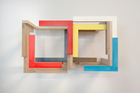 James Woodfill &quot;Training Model: Wall Model #5 Deucea&quot;, Birch plywood, poplar, maple with acrylic and gesso, wall mounted, 15&quot; x 27&quot; x 15&quot;, 2019, an open double chambered wooden wall sculpture with natural, red, yellow, white, medium grey and blue