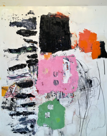 Ametora - Japanese version of American &quot;style&quot; - a James Brinsfield abstract painting with black, pink, green and orange blocky shapes, and linear drawing