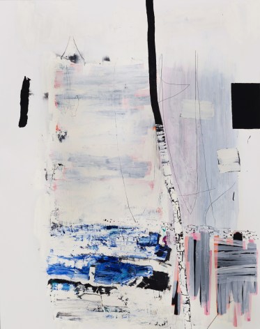 a large abstract James Brinsfield painting, the first in his &quot;division&quot; series, a vertical birch trunk divider with interrupted dark blue and black stack opposed by an orderly stack of grey and pink