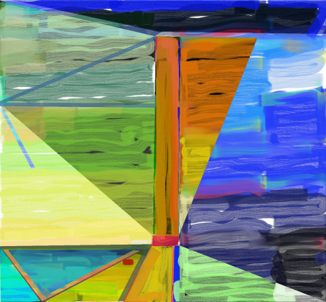 Abstract orange, blue, green and yellow digital painting by Warren Rosser. Pole Series &quot;A&quot;, 2019,  archival digital print on Sunset archival cotton etching paper,  30h x 32w in.