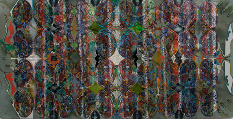 An abstract painting, much more complex than Anaglypta wall paper which it references, organic shapes on a gray-green field