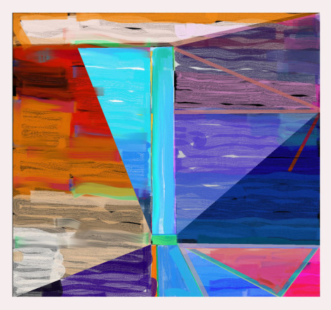 Abstract orange, teal, purple and red digital painting by Warren Rosser. Pole Series &quot;B&quot;, 2019,  archival digital print on Sunset archival cotton etching paper,  30h x 32w in.