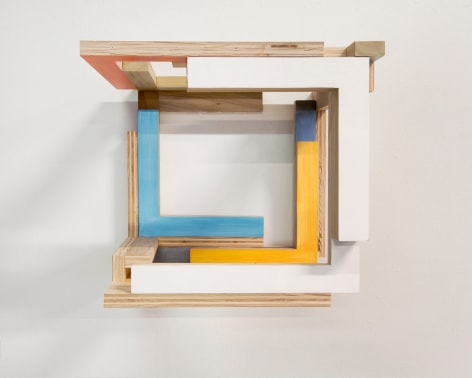 James Woodfill, &quot;Training Model: Wall Model #4&quot;, birch plywood, poplar, maple with acrylic and gesso, wall mounted, 15&quot; x 15&quot; x 15&quot;, 2019, an open wooden wall sculpture, open on the left with natural, white, orange, sky and sea blue and orange