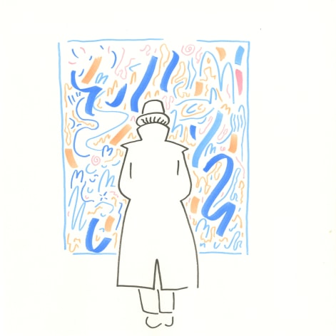 Peter Granados &quot;Detective Looking at a Painting I&quot;, Sakura Permapeque Markers on Sennelier's Le Maxi Block Paper, 10&quot; x 10&quot;, 2017, blue, orange, pink confident, swift mark making seeing a black outlined detective from behind examining a painting on the wall