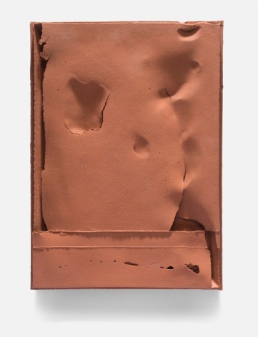 Cary Esser, Parfleche (r3), unglazed red earthenware, 16&quot; x 11.9&quot; x 1.4&quot;, 2017 (sold), rectangular ceramic &quot;parfleche&quot;, reddish color, with paper-like surface layer and intentional void spaces, now in a Museum collection