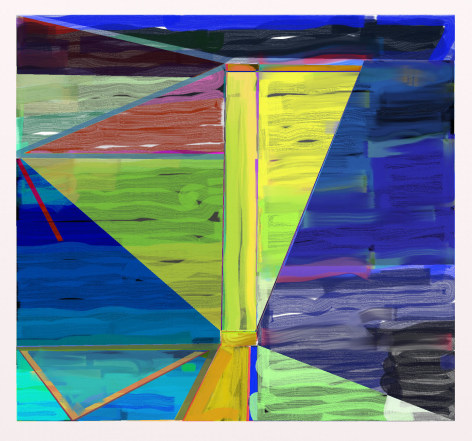 Abstract blue, yellow, green and mauve digital painting by Warren Rosser. Pole Series &quot;C&quot;, 2019,  archival digital print on Sunset archival cotton etching paper,  30h x 32w in.