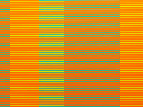 Matthew Kluber - Split Infinitives (orange, aqua, chartreuse), alkyd on aluminum, 30&quot; x 40&quot;, 2019, precisely striped narrow horizontal bands of the colors in the title that start and stop creating the illusion of five variously colored vertical elements