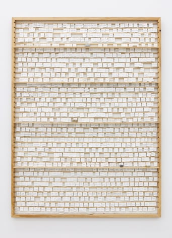Group Show with Commonwealth and Council: Gala Porras-Kim, For Learning Zapotec Verbs (2012). Wood, pencil, paper, wire, found rocks, 30 x 37.5 x 2.5 inches (76.2 x 95.3 x 6.4 cm)