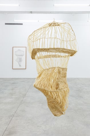 Group Show with Commonwealth and Council: Gala Porras-Kim, One clump of raffia reconstruction (2016). Graphite on cotton paper, raffia, artist's frame, sculpture: 47 x 35 x 33 in; drawing: 60.75 x 36.75 x 2 in