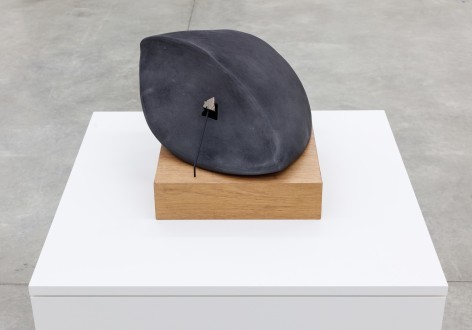 Group Show with Commonwealth and Council: Gala Porras-Kim, Reconstructed Southwest Artifact 2 (2018). Found artifact, graphite on unglazed ceramic, steel, mahogany, 9.75 x 12 x 13.5 inches (24.8 x 30.5 x 34.3 cm); wooden base: 1.75 x 7.25 x 7.25 in