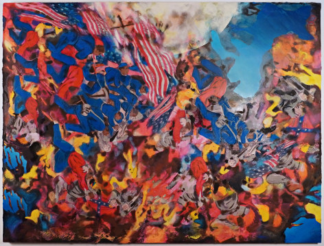A painting by American Artist Rushern Baker IV, dimensions 54&quot; x 72&quot; inches in a fiery color palette.