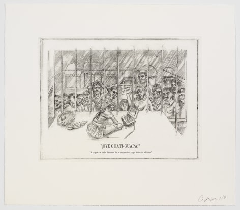 The Undiscovered Amerindians:&nbsp;&iexcl;Oye Guati-Guapa!,&nbsp;2012, Intaglio, engraving, and drypoint etching on paper,&nbsp;21h x 18.3w in (53.3h x 46.5w cm)
