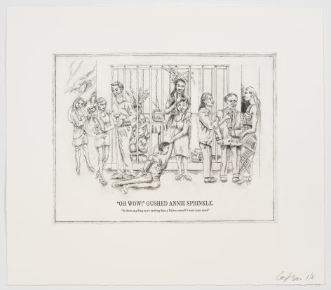 The Undiscovered Amerindians:&nbsp;&quot;Oh Wow!&quot; Gushed Annie Sprinkle,&nbsp;2012, Intaglio, engraving, and drypoint etching on paper,&nbsp;21h x 18.3w in (53.3h x 46.5w cm)
