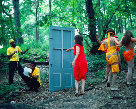 Rivers, First Draft: The Woman in Red goes to the Black Male Artists&rsquo; door and the Debauchees dance back up the hill, 1982/2015, Digital C-print in 48 parts,&nbsp;16h x 20w in (40.64h x 50.80w cm)