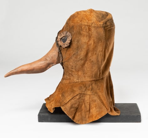 Plague Mask, 2020  Cotton velvet, leather, muslin, plexiglass, wire, thread, waxed thread, latex paint  Dimensions variable, sized to fit the artist