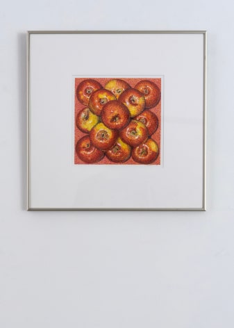 Apples, 1989 Acrylic and pen on board 9&frac14; x 9&frac14; in. 18 x 18 in. (framed), Signed and dated 1989