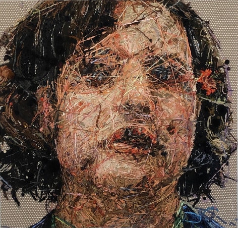 Unspoken, 2021 Hand wool embroidery, acrylic, vintage needlepoint, Pom Poms, sequins and costume jewelry on raw Belgian linen 68 x 71 1/4 inches