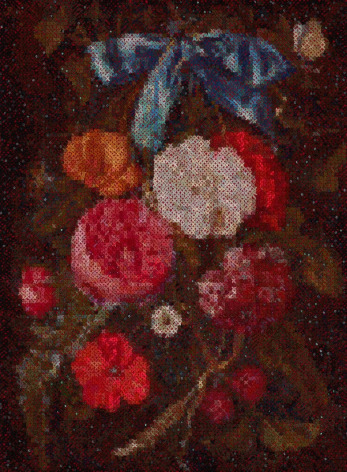 For Whitney (After Van Oosterwijick), 2023 Wool cross stitch on red canvas with sequins 30&frac12; x 28&frac14; inches