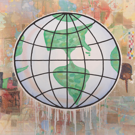 Globe, 2010 Acrylic, screenprint and fabric collage on canvas 60 x 60 inches