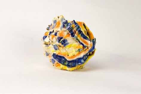 ceramic by Lauren Skelly Bailey titled Ruffle  2018, slip painted glazed stoneware 4 x 4 x 5 in