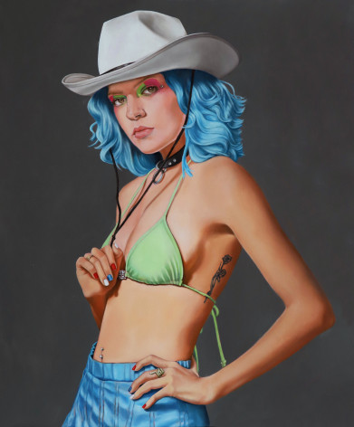 Tara Lewis painting titled &quot;Wrangler&quot;, 2021, Oil on canvas, 36 x 30 inches of a young woman with blue hair wearing a cowboy hat and green bikini top