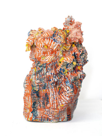 Orange and multicolored layered ceramic vase titled Razzle by Lauren Skelly Bailey Glazed ceramic, slip, pigment  8 x 8 x15